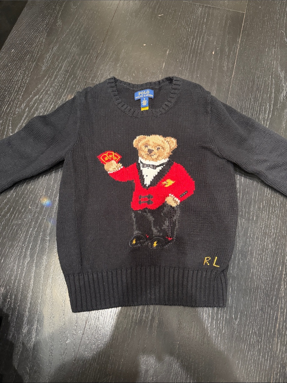 Polo by Ralph Lauren Black Crewneck Sweater with Red Bear Motif